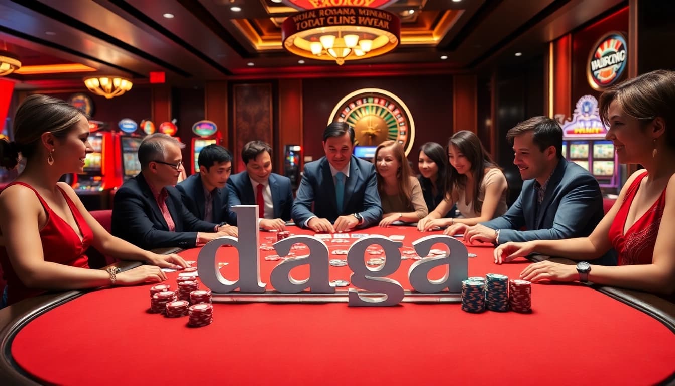Daga-themed luxury casino scene with poker action at a vibrant table, showcasing excitement.