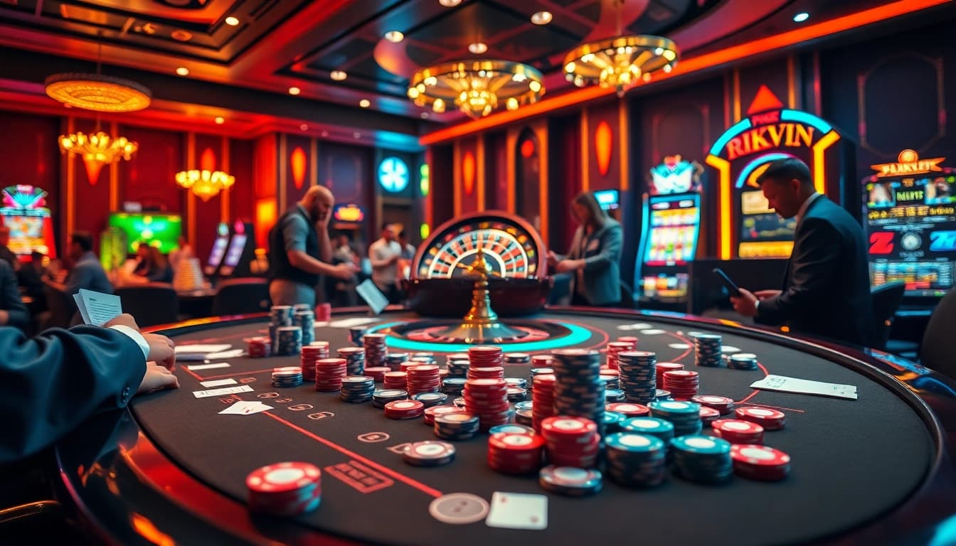 Experience thrilling gameplay at rikvip casino tables filled with chips and cards.