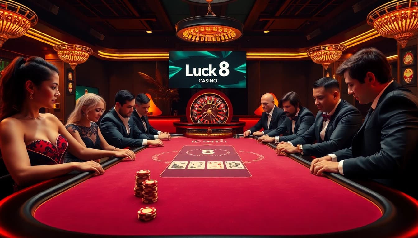 Engaged players enjoying a game of Luck8 at a luxurious casino poker table.