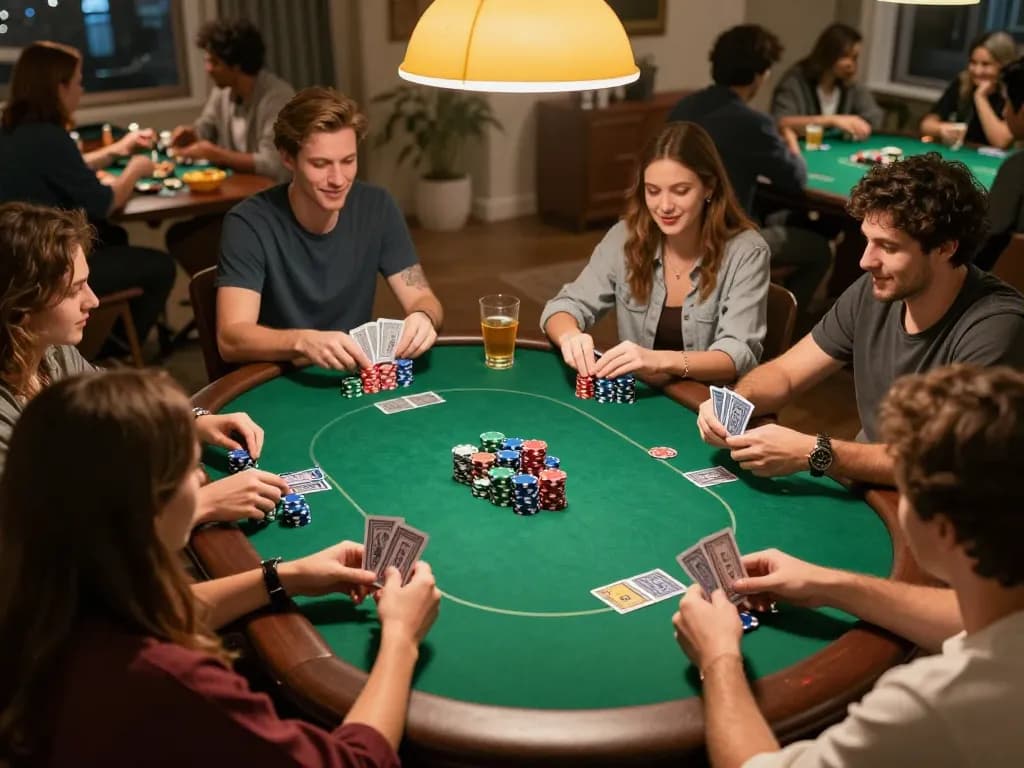 Players strategizing during a friendly poker game at home with Vipwin's exciting atmosphere.