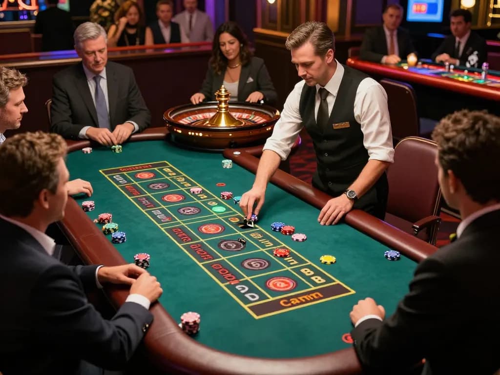 Players engaged in roulette action on the sunwingo casino floor, colorful chips and a spinning wheel enhancing the excitement.