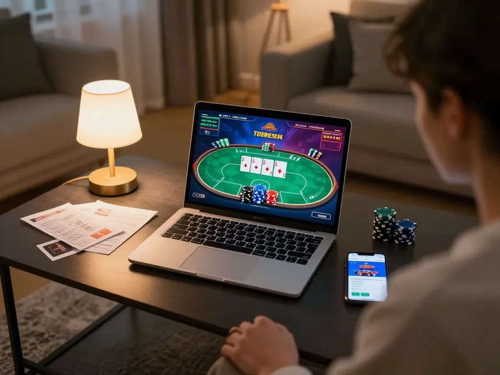 Engaging player using laptop for 888b online poker, showcasing vibrant game action and strategic notes.