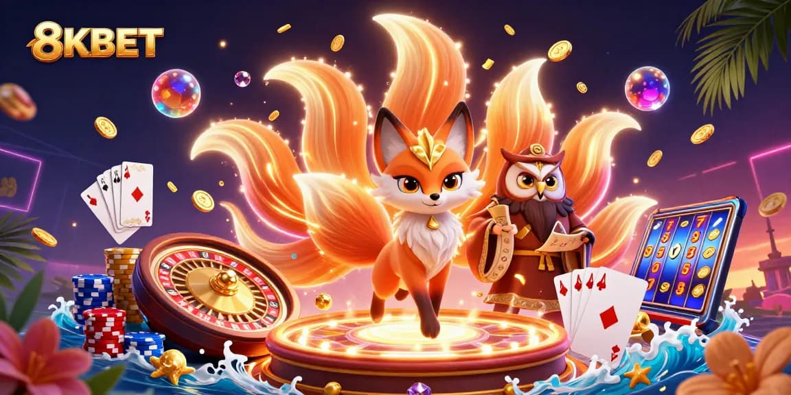 Win big on 8KBET with a vibrant 3D illustration showcasing dynamic gaming elements and rich colors.