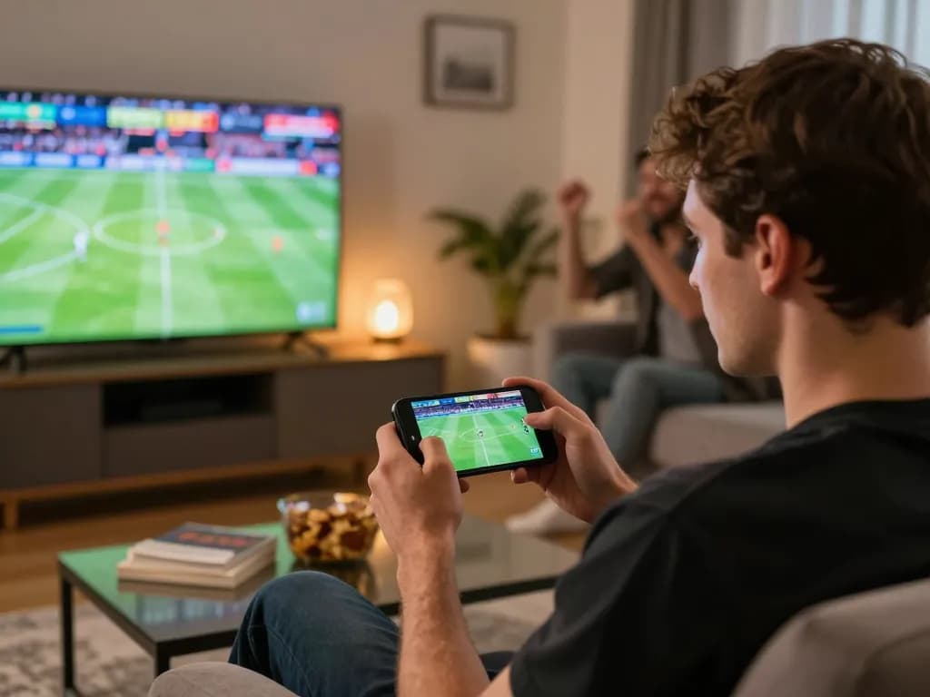 Player engaging in sports betting on LV88 app in a cozy living room