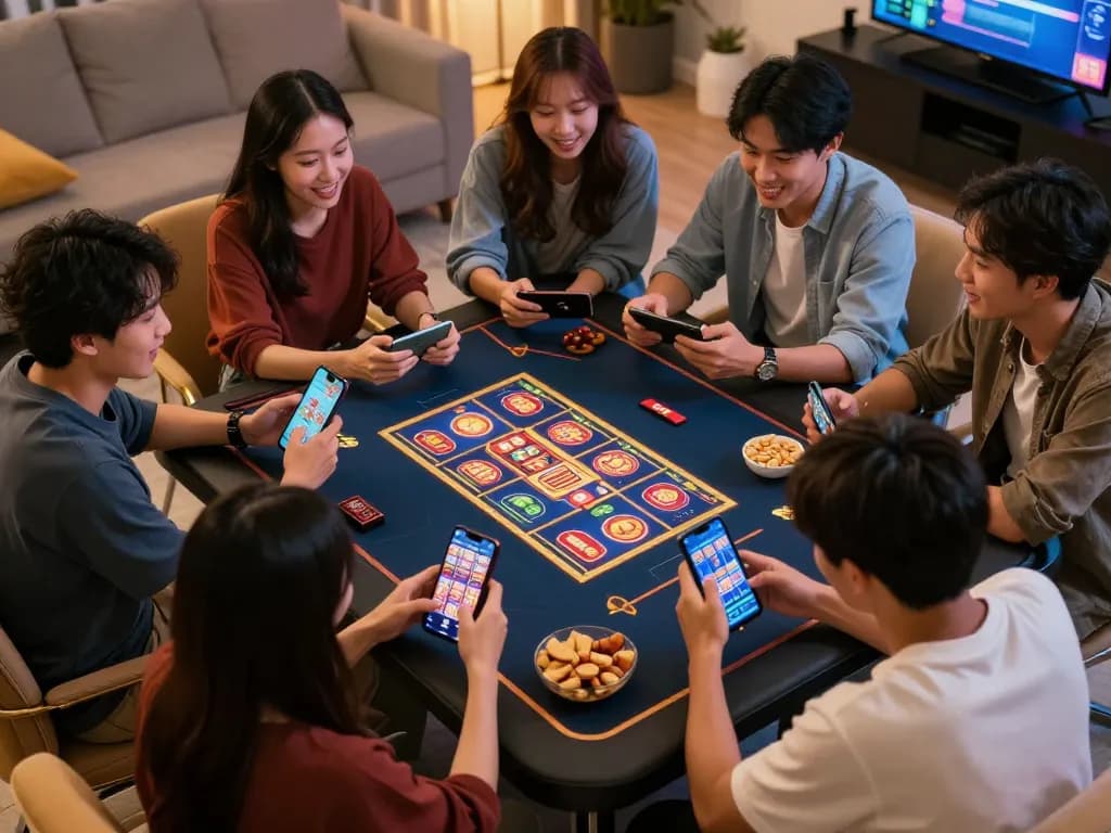 Friends enjoying NK88 mobile slots at home, highlighting teamwork and gaming excitement.