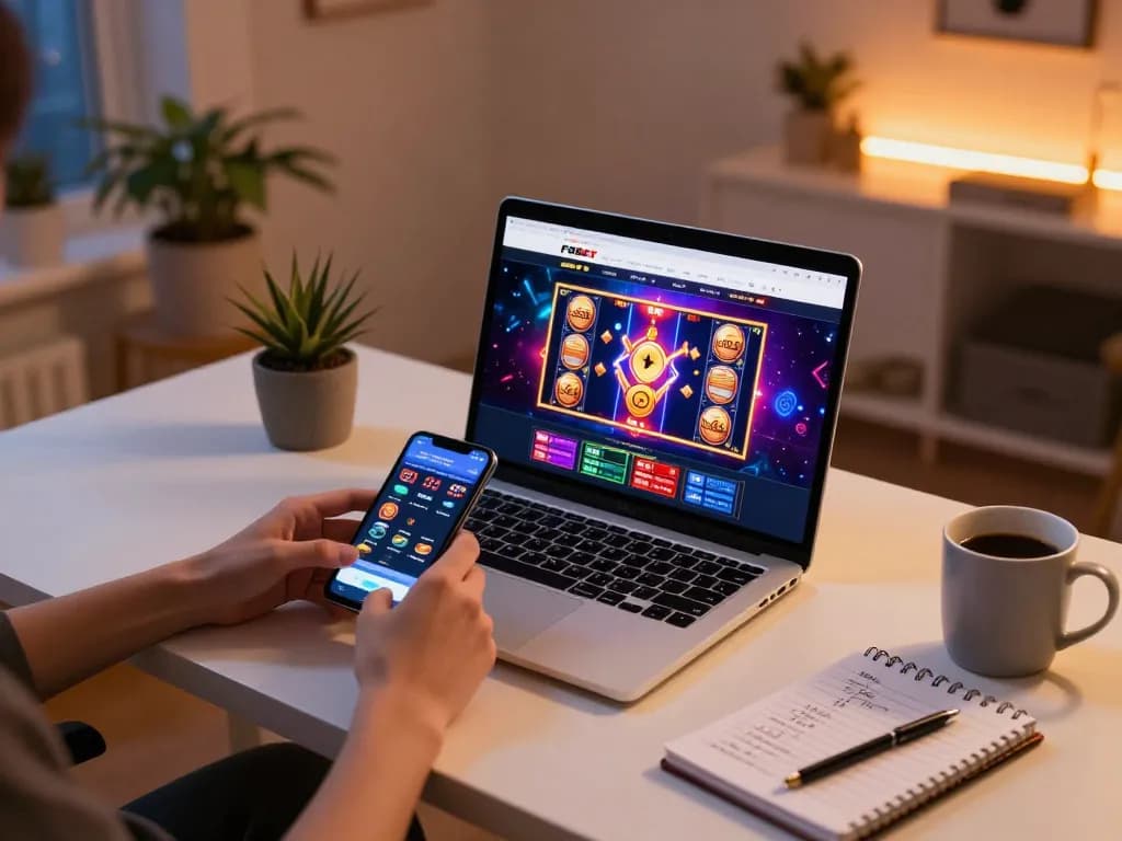 Enjoying online gaming at F8bet with a laptop and smartphone in a cozy setting