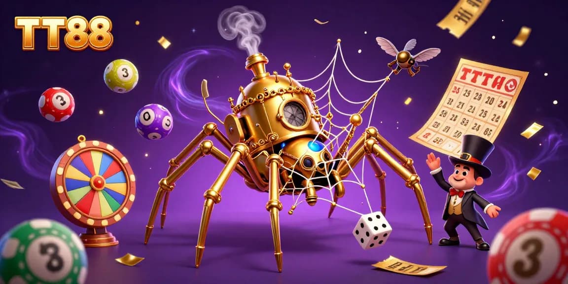TT88 immersive illustration featuring a golden spider casting a web of luck with dice and colorful lottery balls.