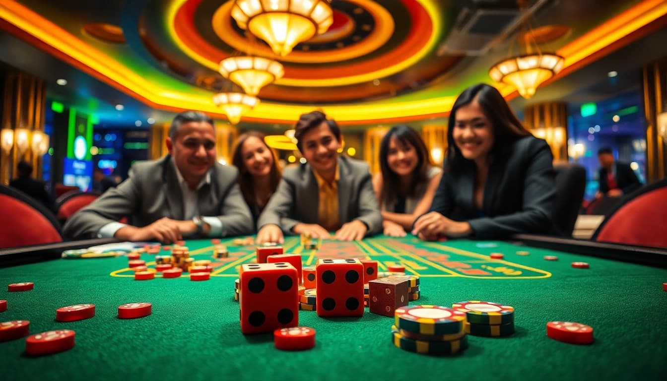 Xóc đĩa online game with players engaged at a luxurious casino table featuring vivid dice and chips.