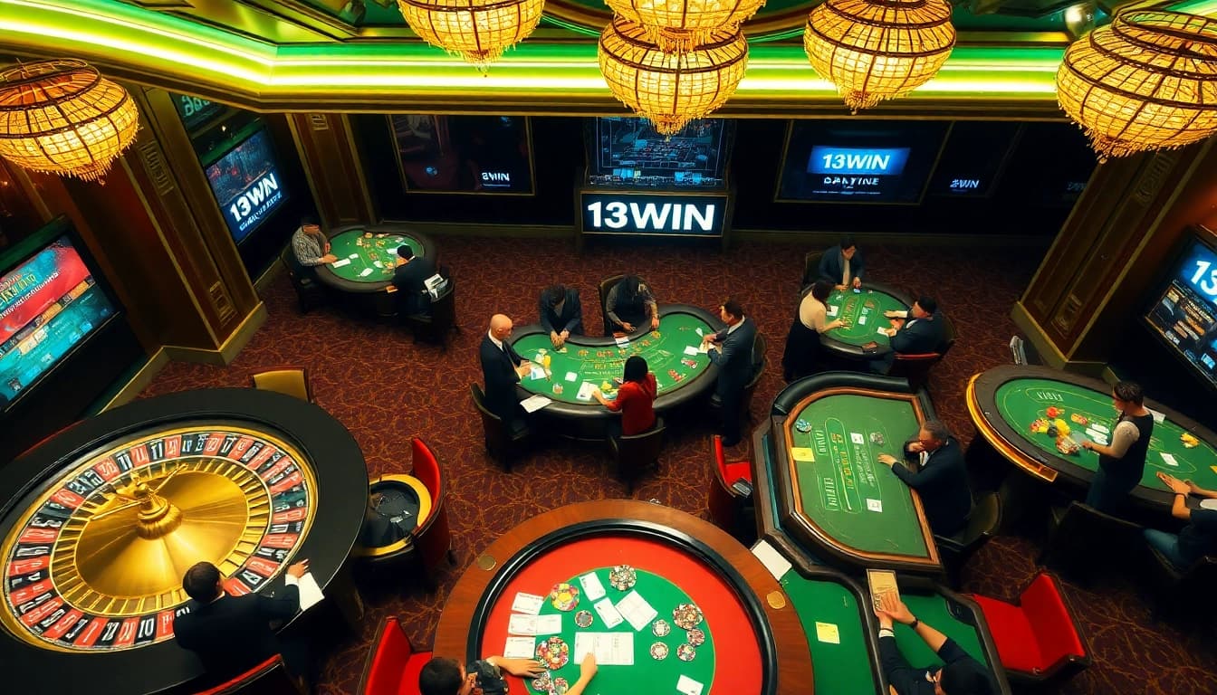 Experience the thrill of gambling at 13WIN's vibrant casino with chips, cards, and roulette wheels.