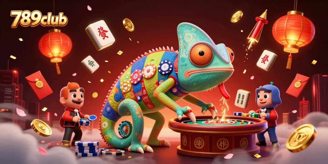 Engage with 789club's vibrant casino scene featuring a colorful chameleon and traditional game elements.