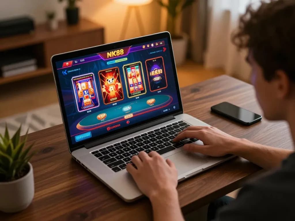 Player enjoying online casino games on NK88, vibrant interface illuminated by warm home lighting.
