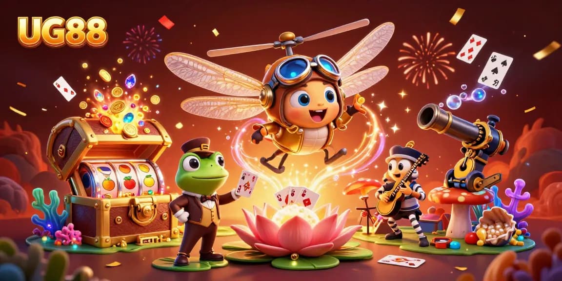Experience the excitement of UG88 with a vibrant casino scene featuring a dragonfly pilot and frog croupier.