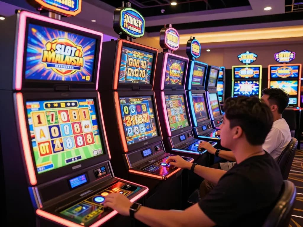 Exciting gameplay at Slot Malaysia, players engaging with vibrant slot machines in an online casino setting.