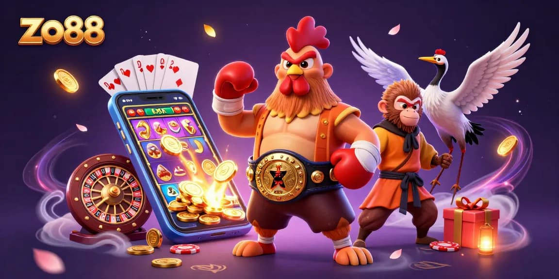 Experience thrilling games with zo88 as a fiery rooster battles in a vibrant casino.