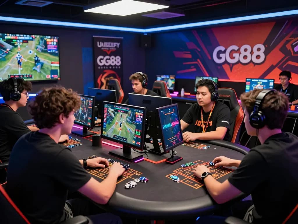 Exciting GG88 online gambling scene with diverse players engaging in esports betting, showcasing vibrant atmosphere and promotions.
