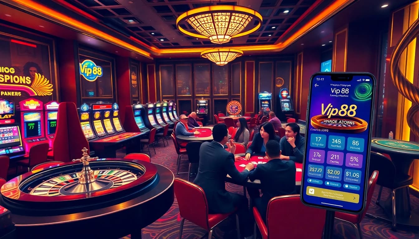 Experience thrilling gaming with Vip88 at an upscale casino table featuring poker chips and cards.