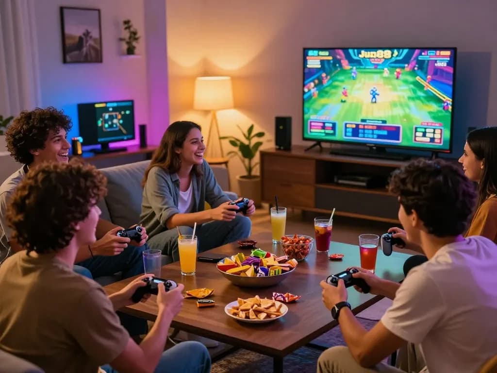 Friends enjoying Jun88 gaming experience, vibrant atmosphere with colorful lights and excitement.