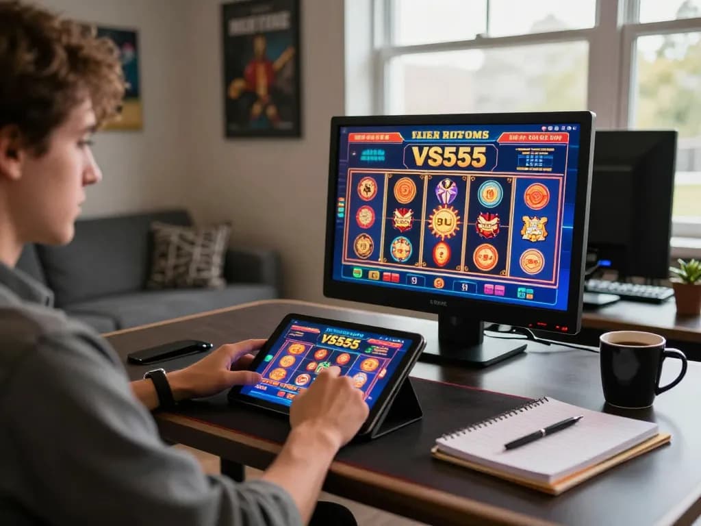 Engaging in online casino gameplay at VS555 with a tablet in a stylish workspace