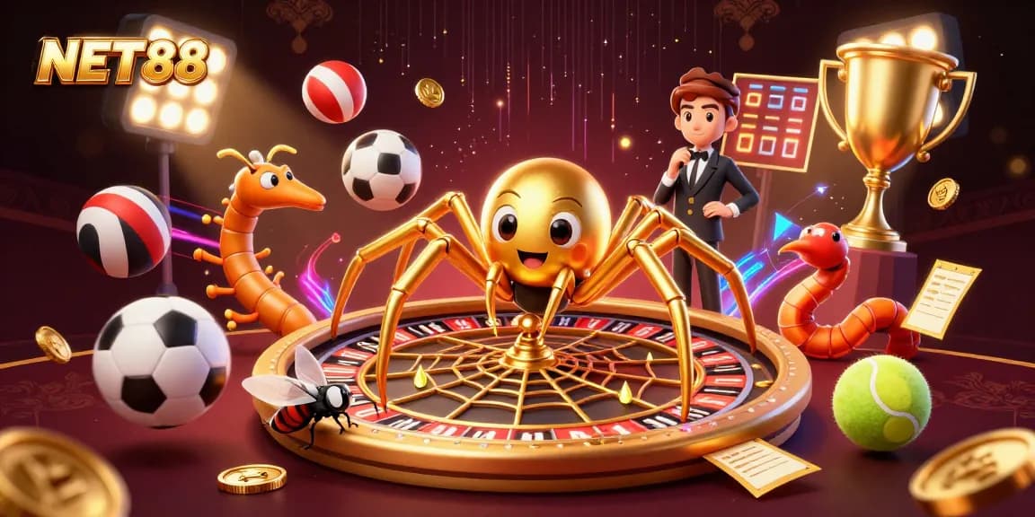 NET88 showcases a golden spider spinning a roulette wheel web with sports balls and betting slips.
