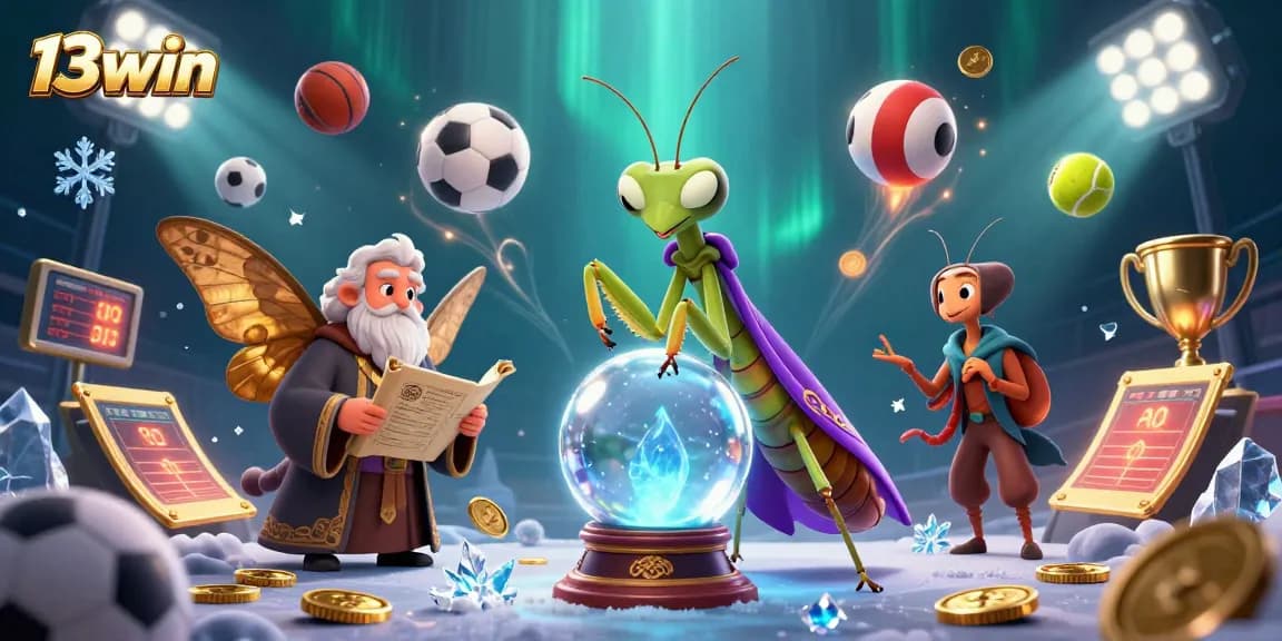 Experience thrilling sports betting action with 13win as characters predict fortune in a vibrant 3D scene.