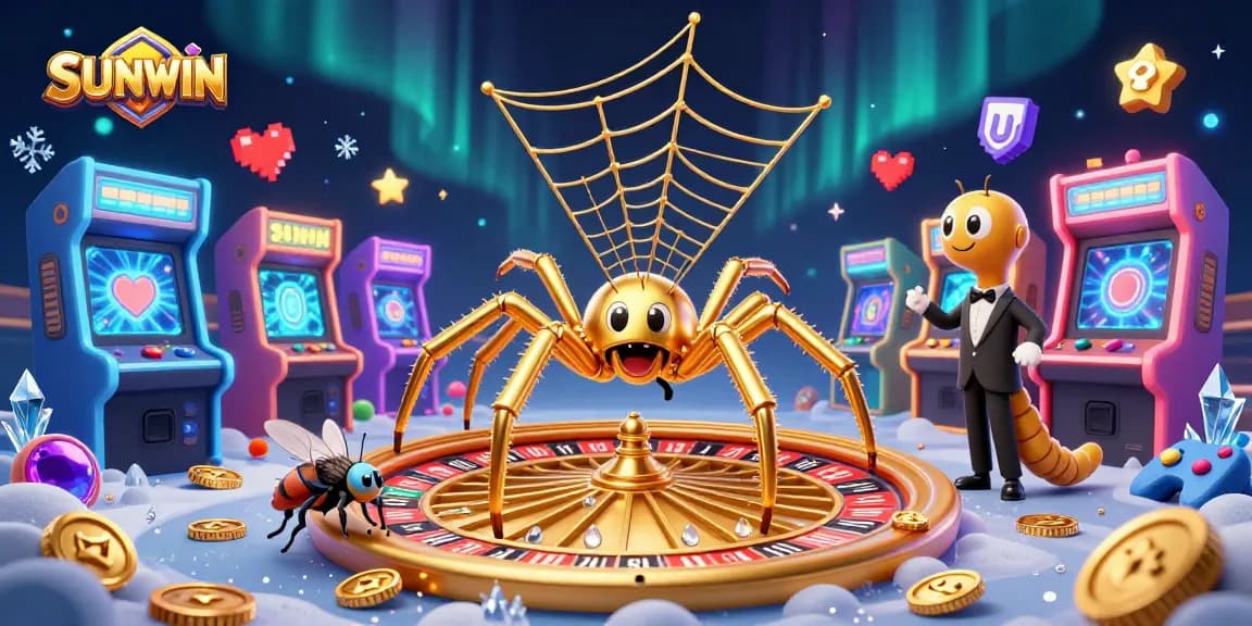 Place bets with SUNWIN at a colorful casino-themed illustration featuring a spider spinning a roulette wheel.