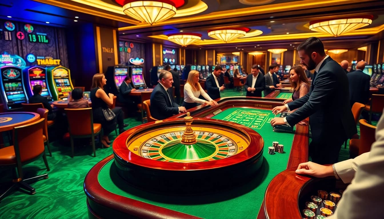 Players enjoying a thrilling THABET casino experience at roulette tables with vibrant ambiance.