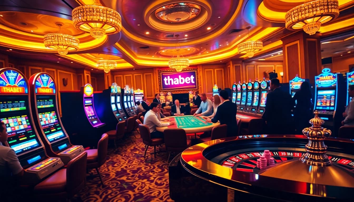 Visualize high-stakes gambling at THABET link casino with vibrant tables and elegant players.