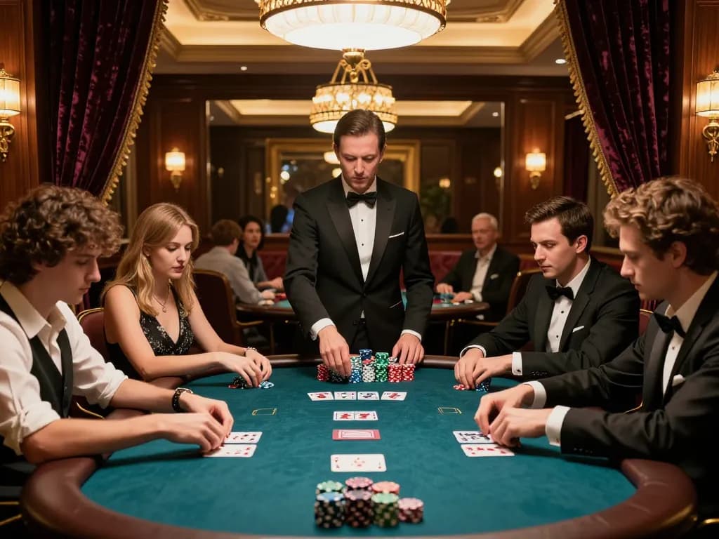 Players engaging at a luxury MM88 poker table, showcasing intense focus and strategic gameplay.