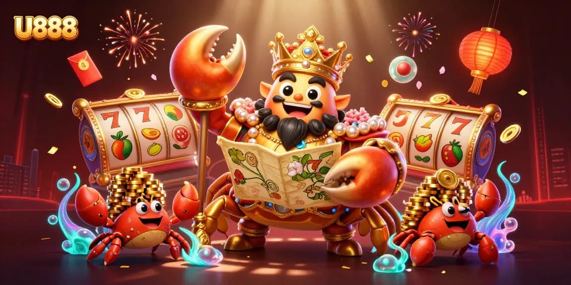 Experience the excitement of U888 with a vibrant 3D illustration of the golden crab emperor surrounded by slot game elements.