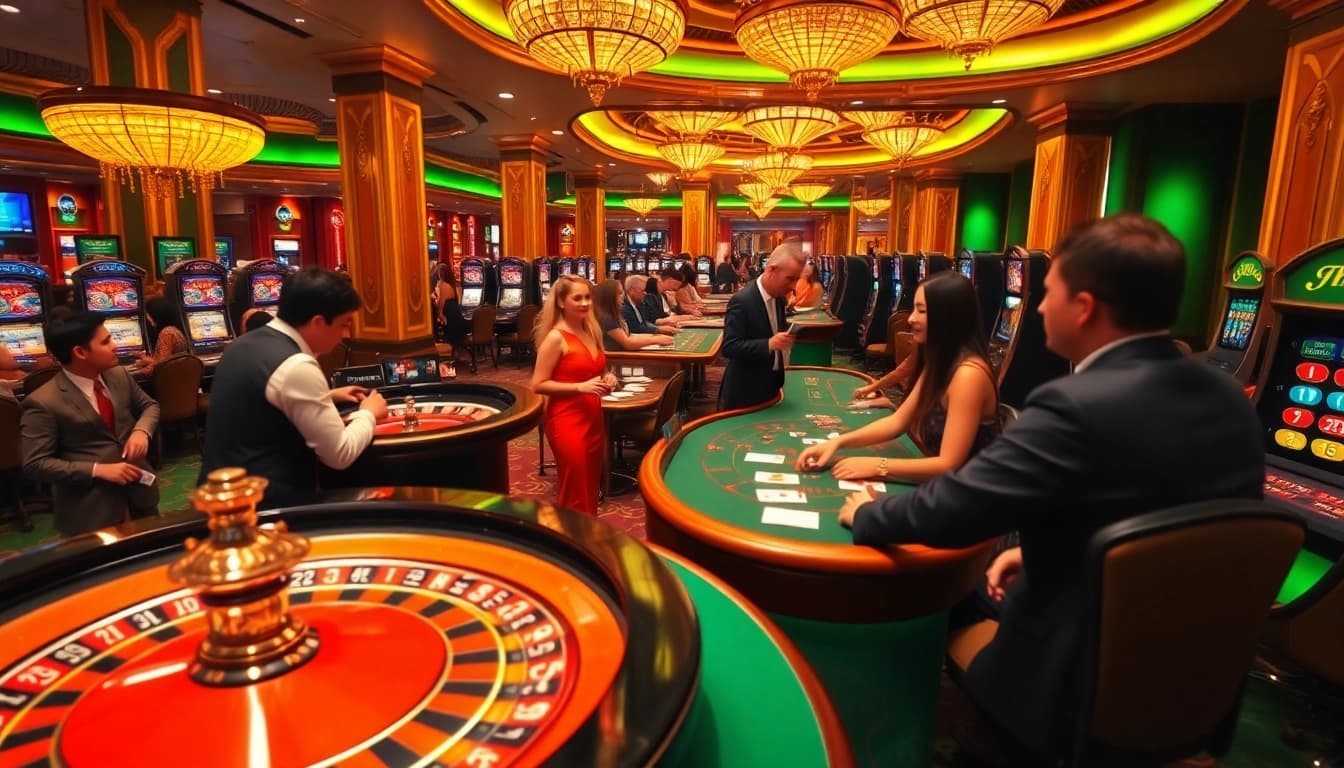 Players enjoying exhilarating games at THABET casino with roulette wheels and poker tables.
