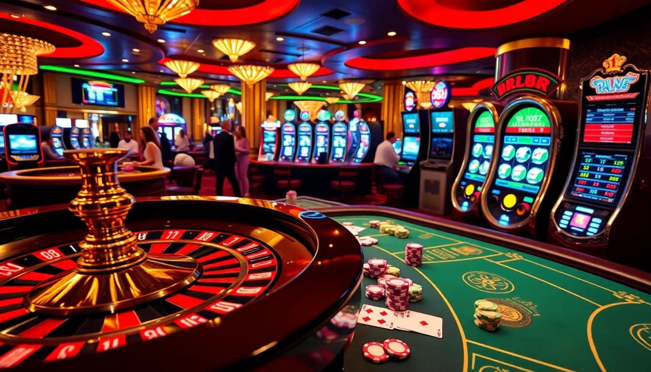 Experience the excitement of gambling with tr88 in a luxurious casino setting filled with poker tables and roulette wheels.