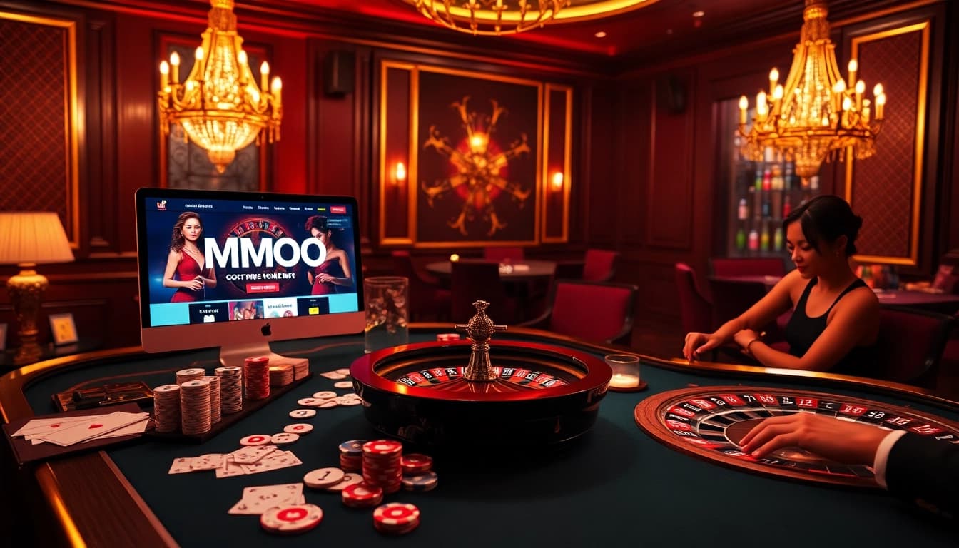 Players engaging in high-stakes poker at MMOO online casino interface, capturing excitement and luxury.