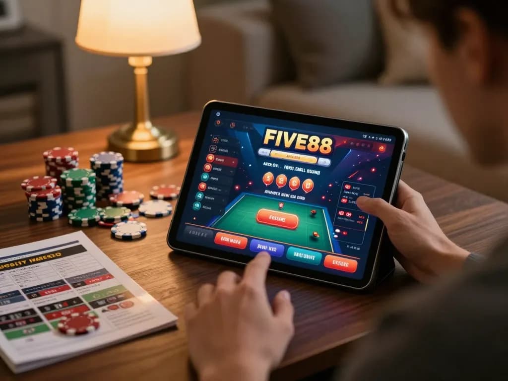 Enjoying online casino gameplay on a tablet with FIVE88 interface and poker chips nearby.