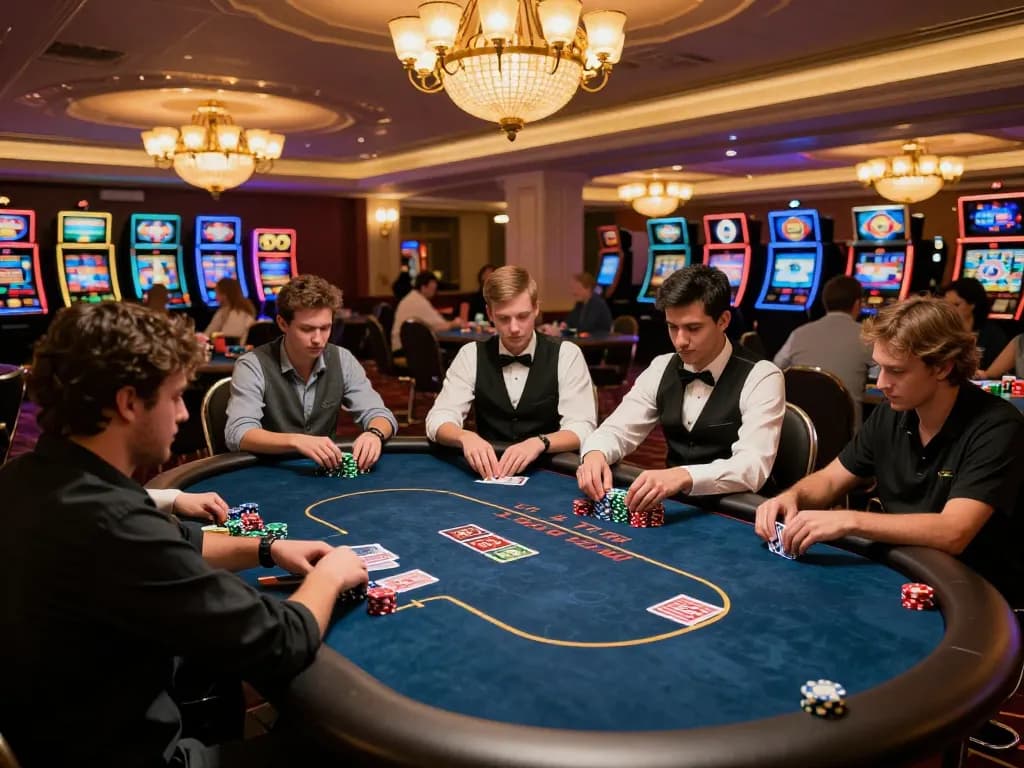 The SC88 table shows players engaged in a highly strategic poker game, highlighting intense focus and interaction in a luxurious casino.