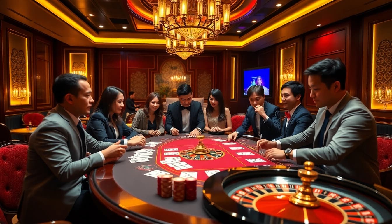 Experience the thrill of Rồng Hổ 99WIN at a luxurious casino table with excited players.