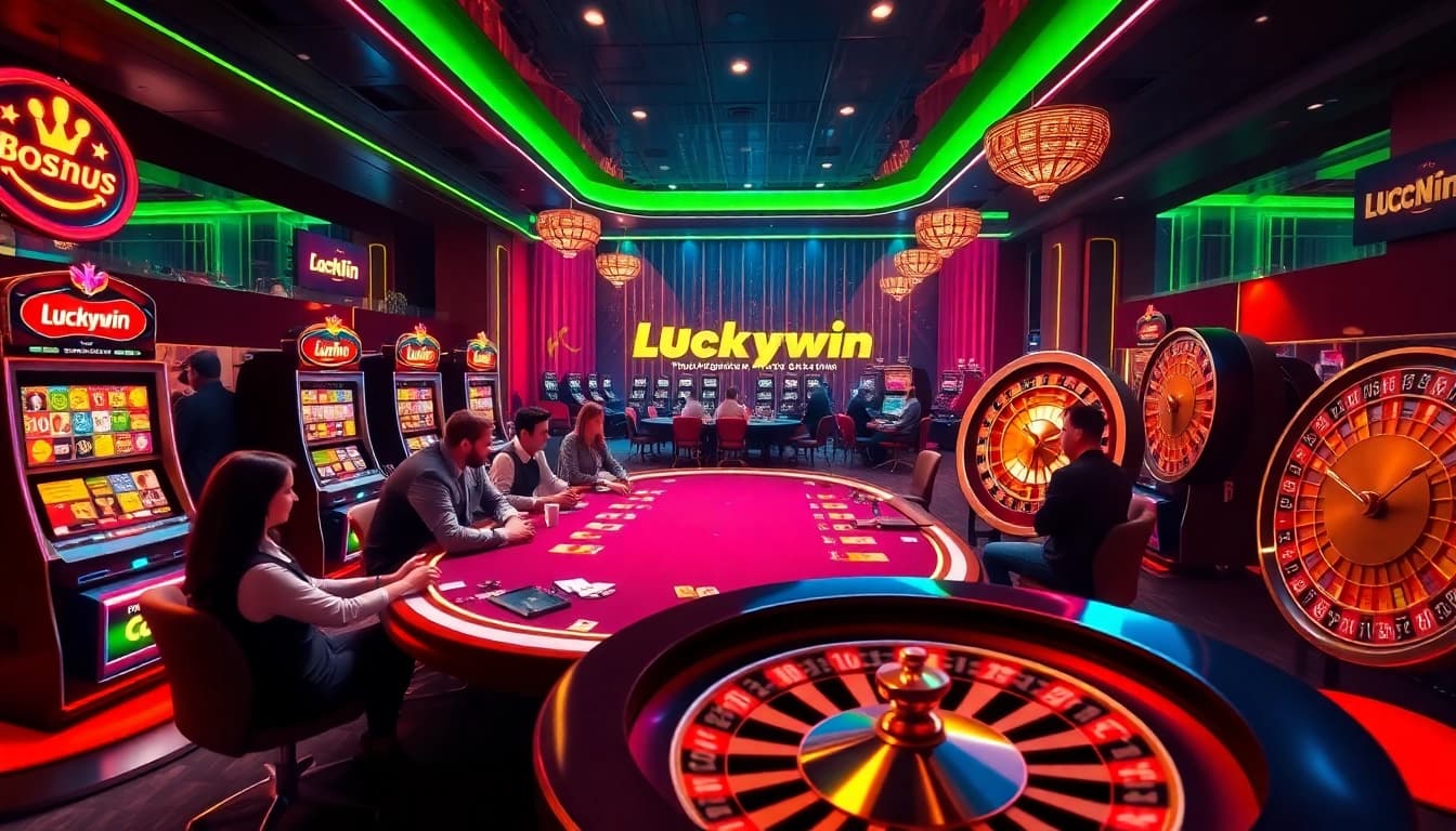 Experience thrilling gameplay at Luckywin with poker and slots in a vibrant casino environment.