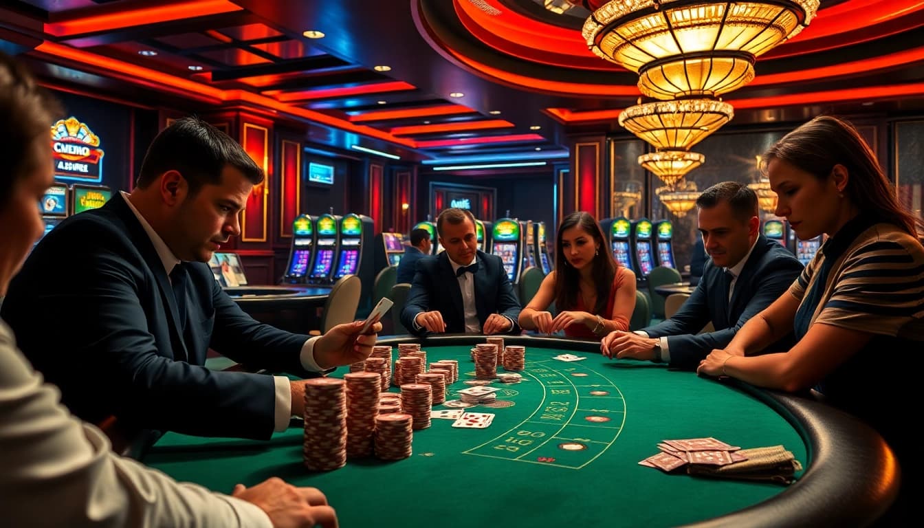 open88 poker players strategizing at a luxurious casino table with vibrant chips and cards