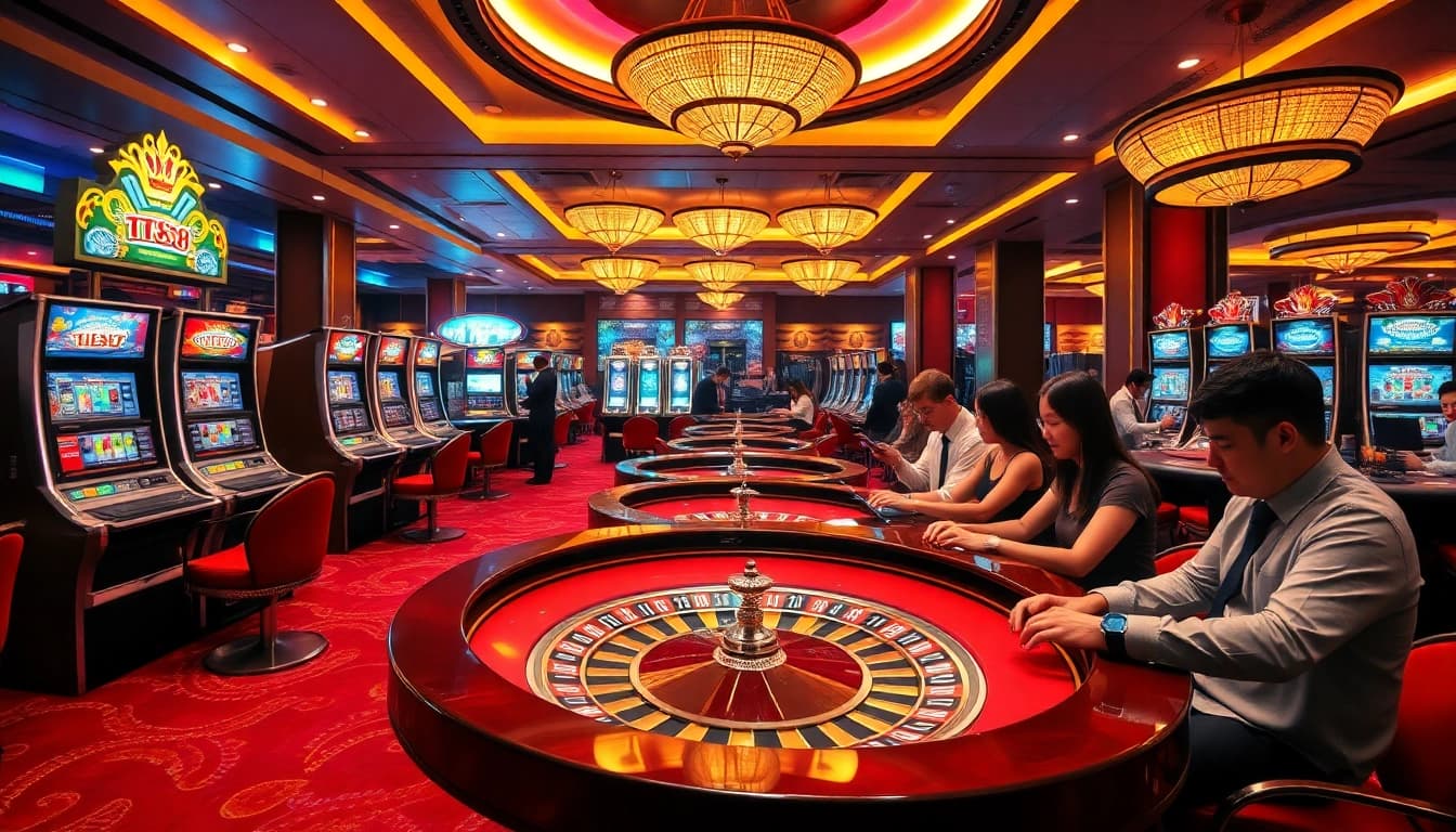 Engage in thrilling casino games with TT88, featuring vibrant slot machines and roulette tables.