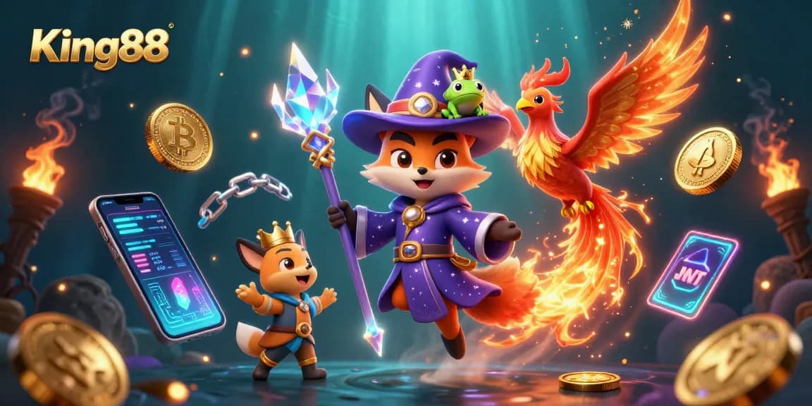 Spin at King88 to win big with an enchanting wizard, phoenix, and crypto coins.