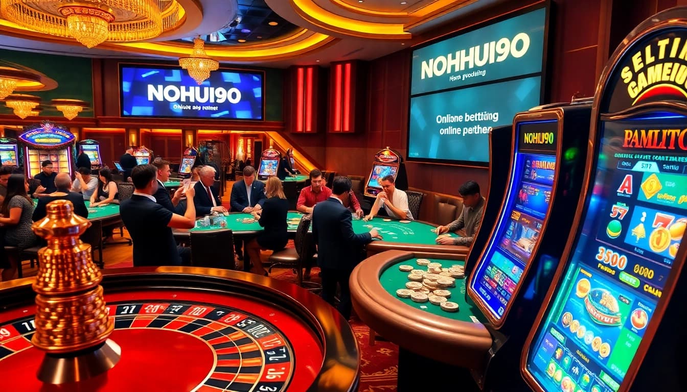 Experience casino excitement at NOHU90 with vibrant slot machines and high-stakes poker tables.