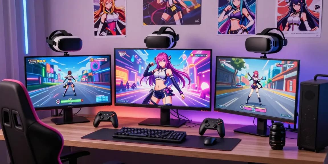 Engaging scene of an ecchi simulator setup featuring colorful character designs and gaming peripherals.
