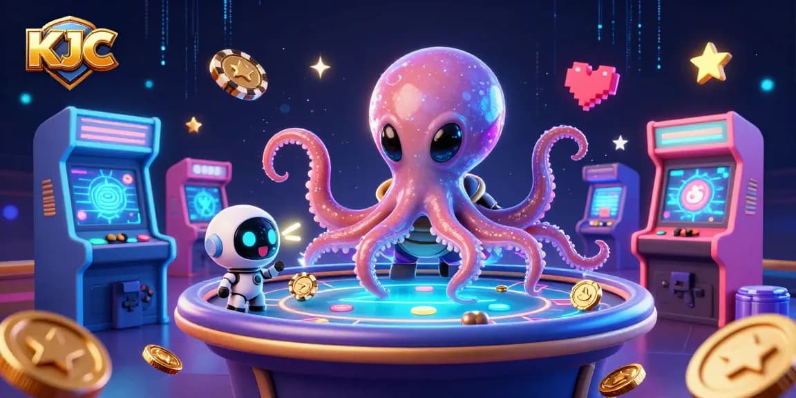 KJC’s 3D cartoon octopus deals cards on a holographic poker table in an ultra-detailed casino scene.