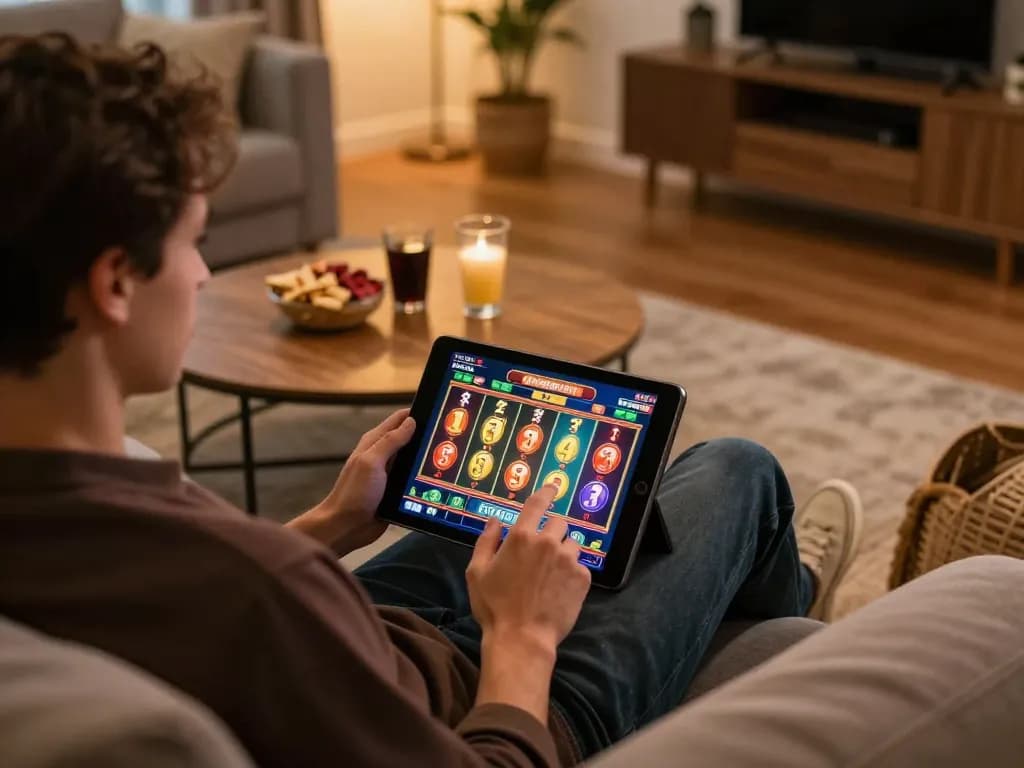 3Win player enjoying a winning online slot spin on a tablet in a cozy home setting.