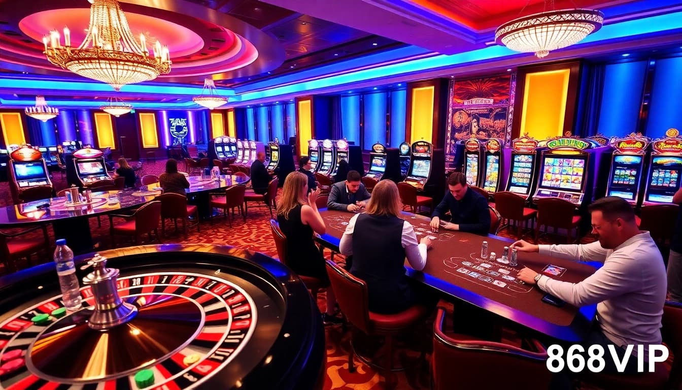 Exciting 68VIP gambling scene with players at poker and roulette tables in a luxury casino.