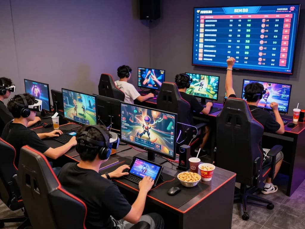Gamers immersed in action at BEM88's vibrant gaming lounge, showcasing excitement and camaraderie.