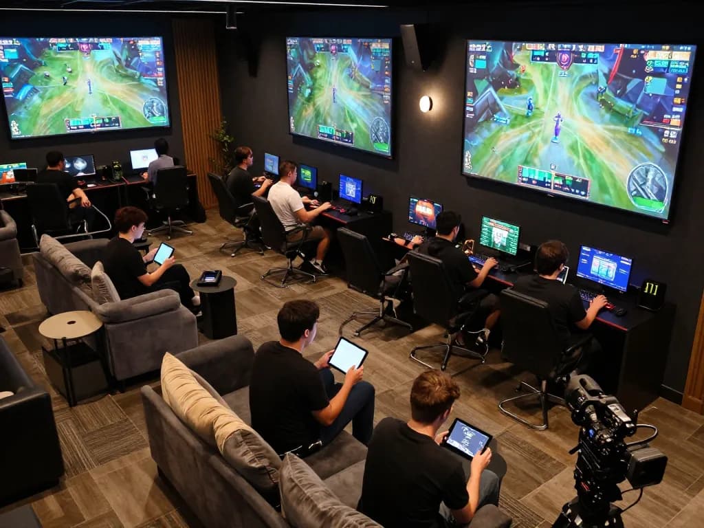 Engaging bettors actively placing wagers on nk88 esports events, vibrant lounge atmosphere with screens.