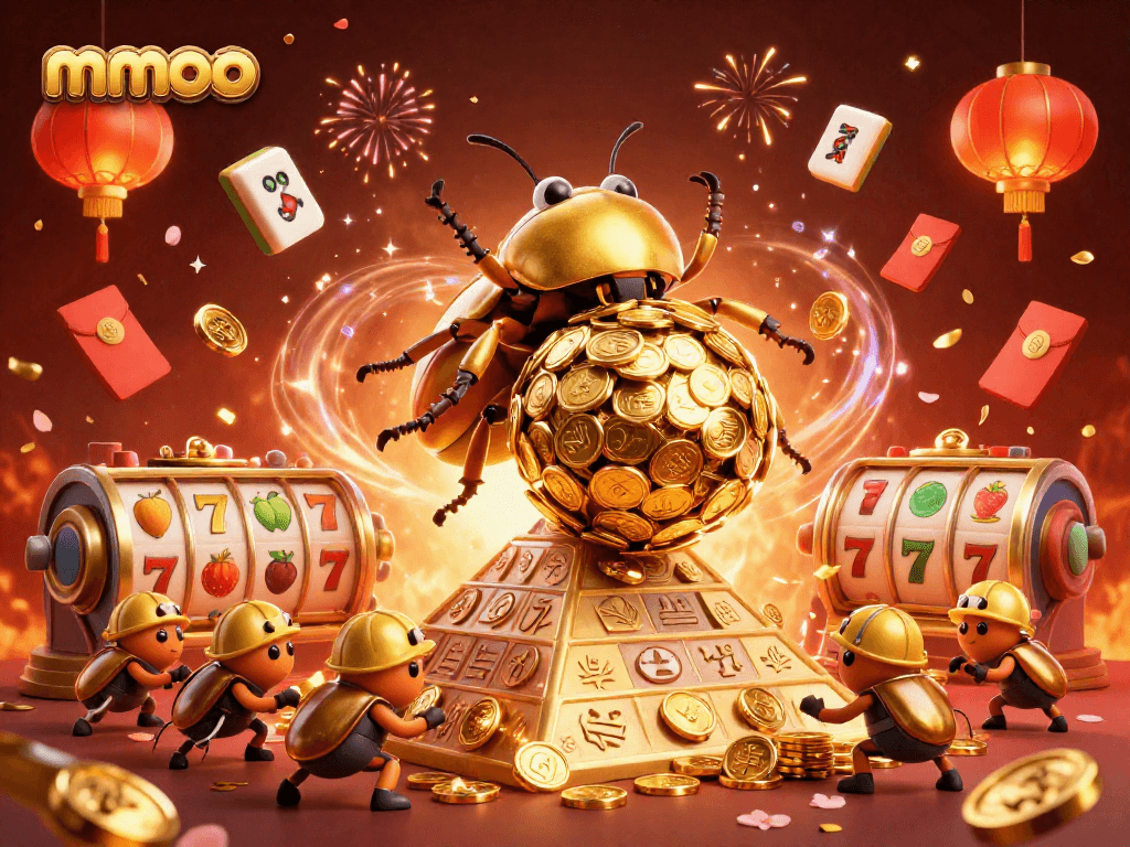 Play slots and win big with mmoo in this dynamic, vibrant casino illustration.
