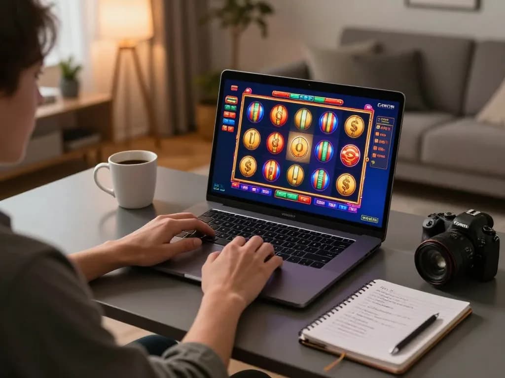 Player engaging in online gaming with Luck8 on laptop, showcasing colorful slot reels and strategic notes.