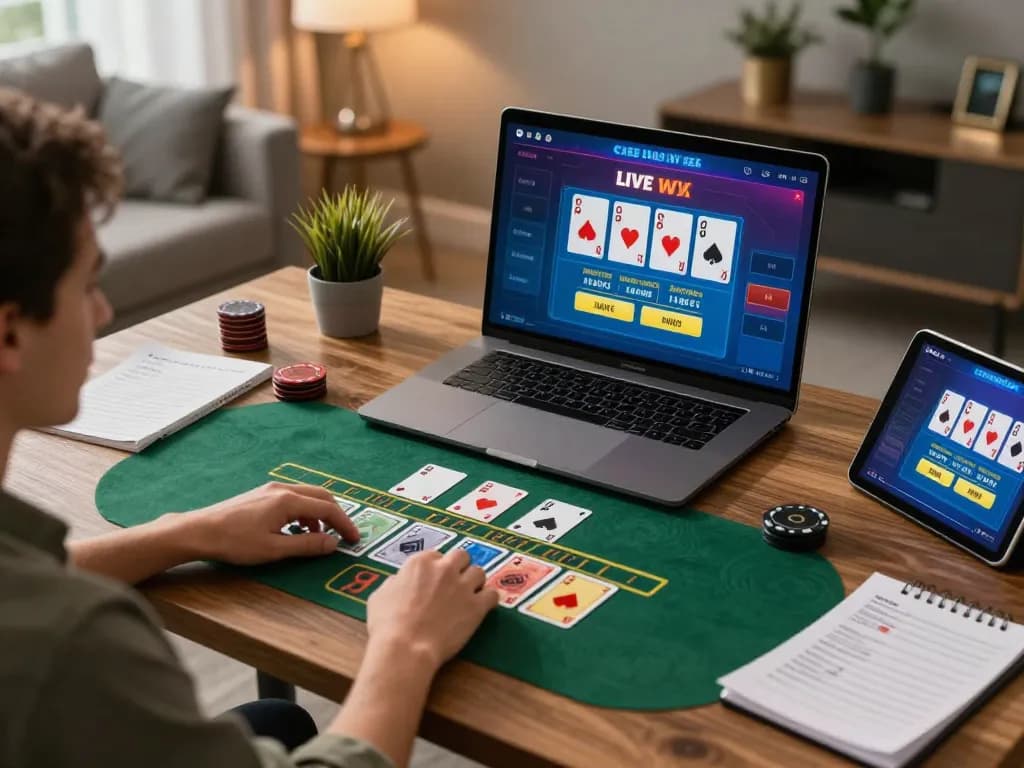 Player enjoying live dealer blackjack on ALO8 platform in a cozy home setup.