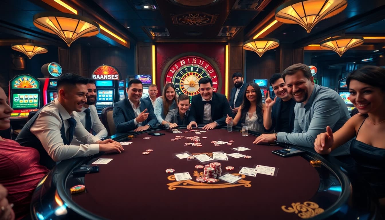 Experience the thrill of betting at https://v88.casa/ with an elegant casino scene showcasing poker and slots.